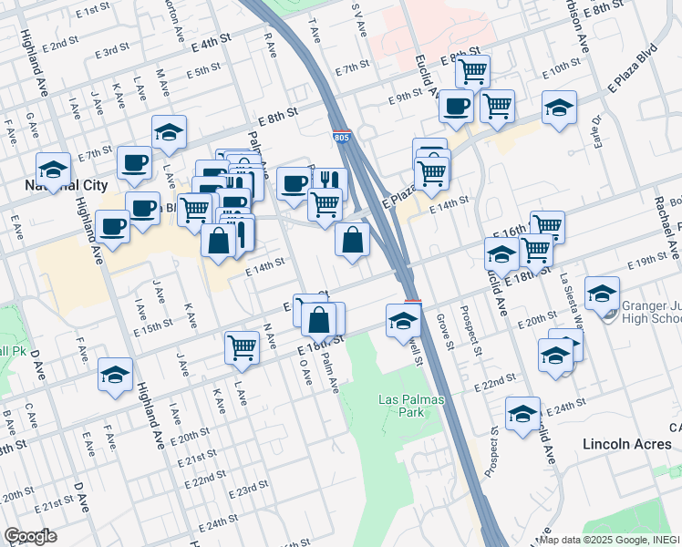 map of restaurants, bars, coffee shops, grocery stores, and more near 1717 East 16th Street in National City