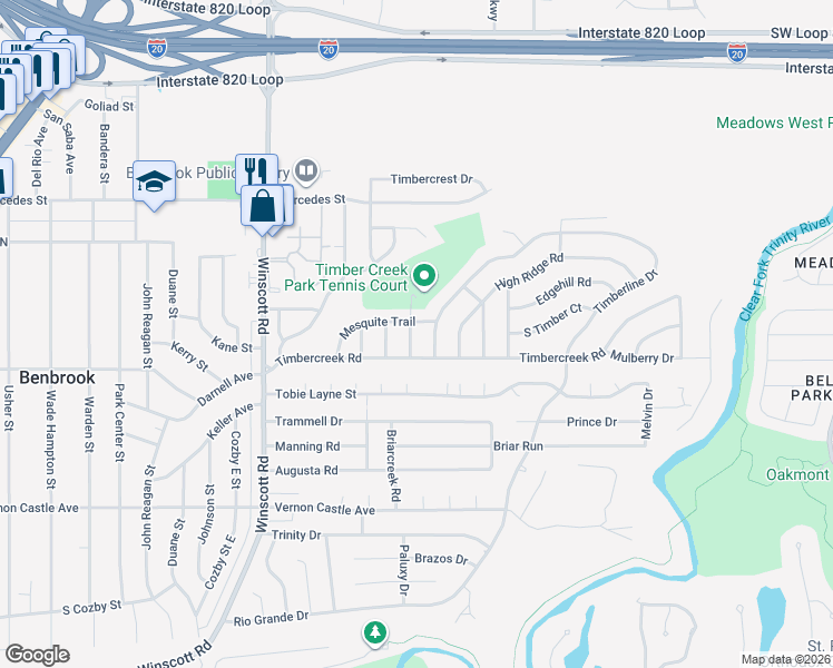 map of restaurants, bars, coffee shops, grocery stores, and more near 1005 Park Drive in Benbrook