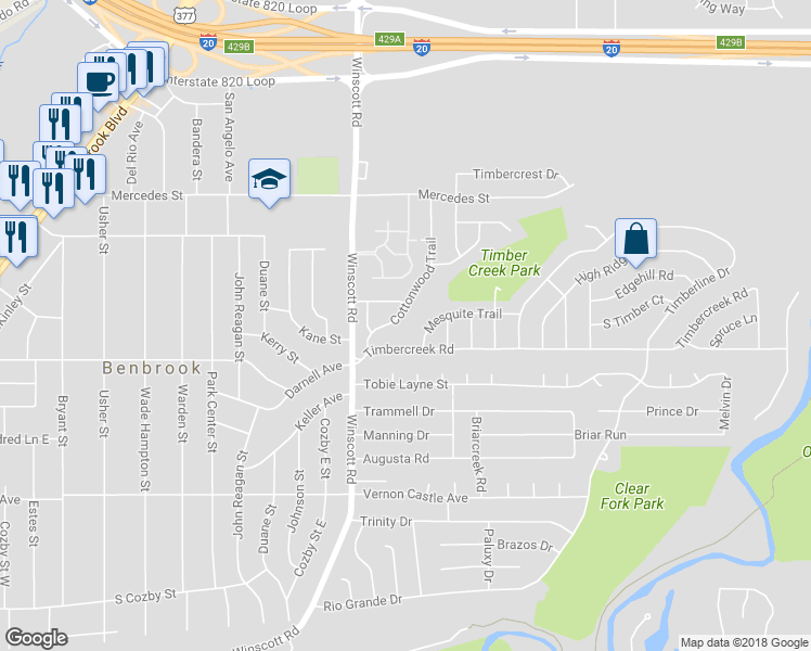 map of restaurants, bars, coffee shops, grocery stores, and more near 1039 Cottonwood Trail in Benbrook