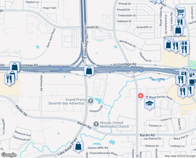 map of restaurants, bars, coffee shops, grocery stores, and more near Interstate 20 Frontage Rd in Grand Prairie