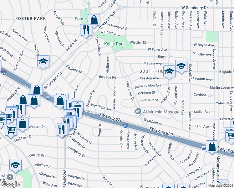 map of restaurants, bars, coffee shops, grocery stores, and more near 3567 Cordone Court in Fort Worth
