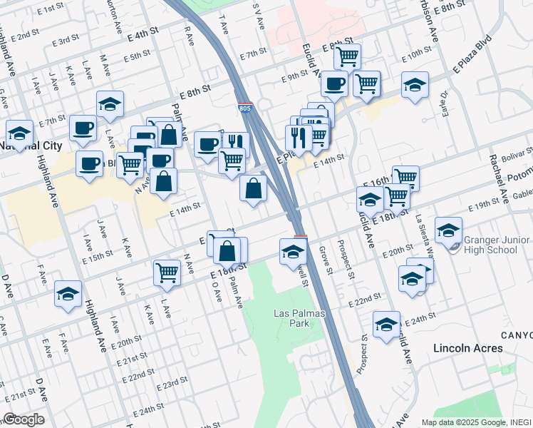 map of restaurants, bars, coffee shops, grocery stores, and more near 1849 East 16th Street in National City