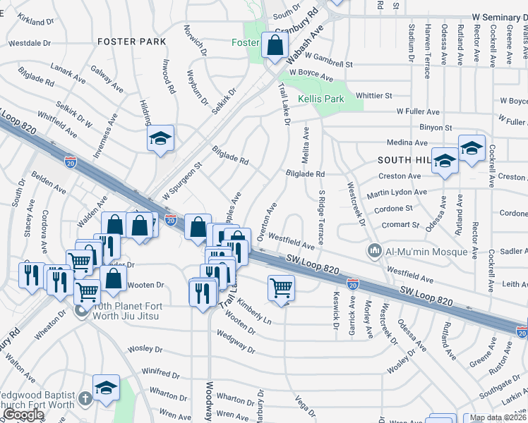 map of restaurants, bars, coffee shops, grocery stores, and more near 4833 Trail Lake Drive in Fort Worth