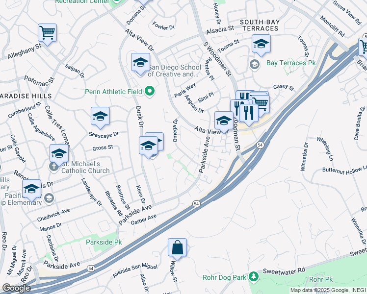 map of restaurants, bars, coffee shops, grocery stores, and more near 6516 Omega Drive in San Diego