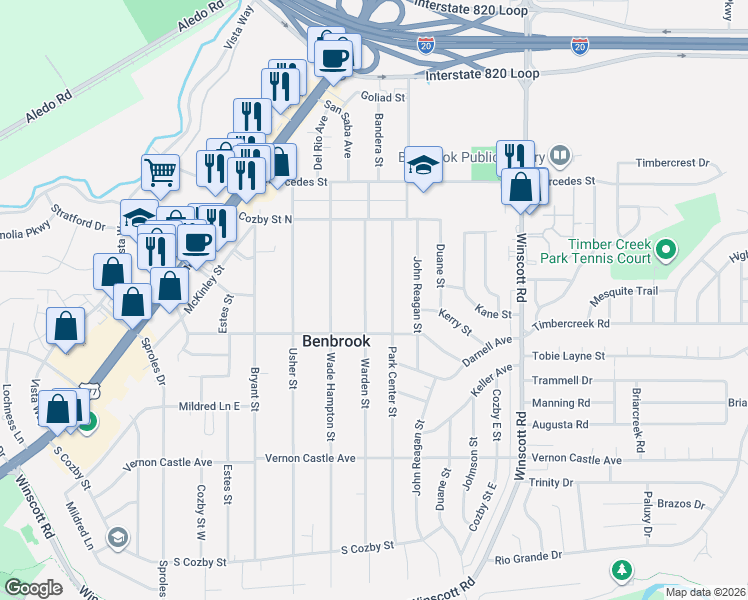 map of restaurants, bars, coffee shops, grocery stores, and more near 1028 Warden Street in Benbrook