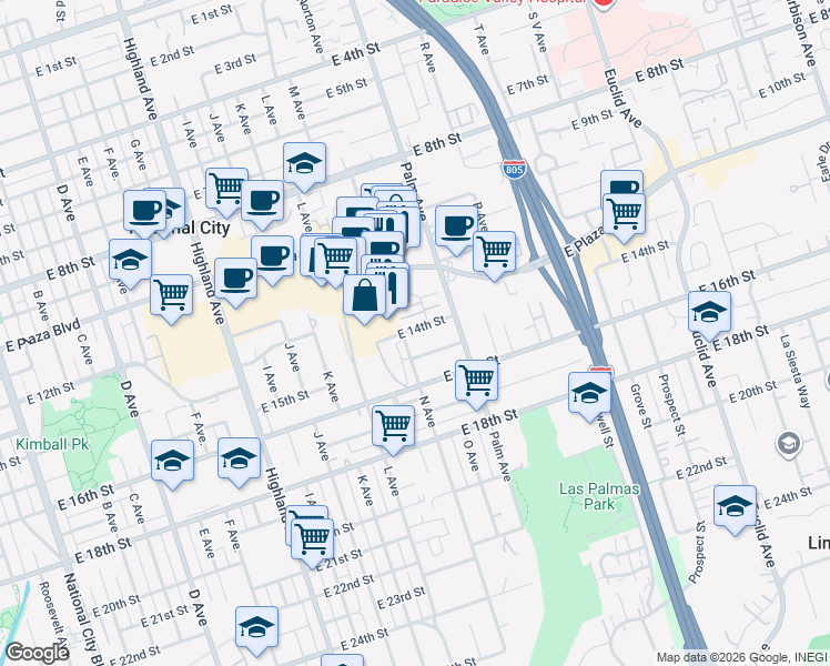 map of restaurants, bars, coffee shops, grocery stores, and more near 1412 East 14th Street in National City