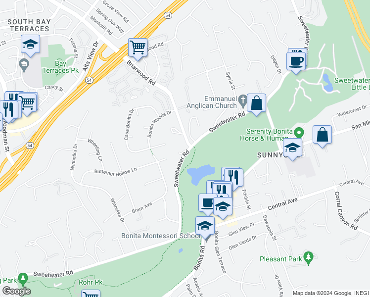 map of restaurants, bars, coffee shops, grocery stores, and more near 5011 Sweetwater Road in Bonita