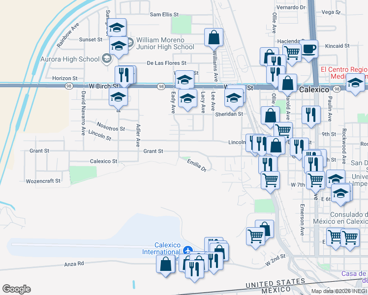 map of restaurants, bars, coffee shops, grocery stores, and more near 653 Grant Street in Calexico