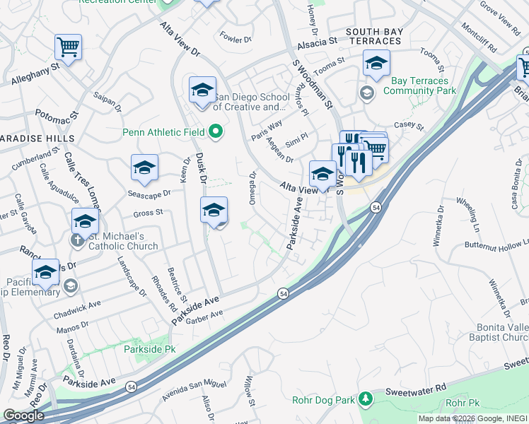 map of restaurants, bars, coffee shops, grocery stores, and more near 6622 Omega Drive in San Diego