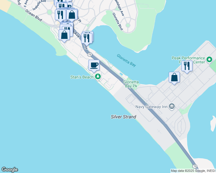 map of restaurants, bars, coffee shops, grocery stores, and more near 1830 Avenida Del Mundo in Coronado