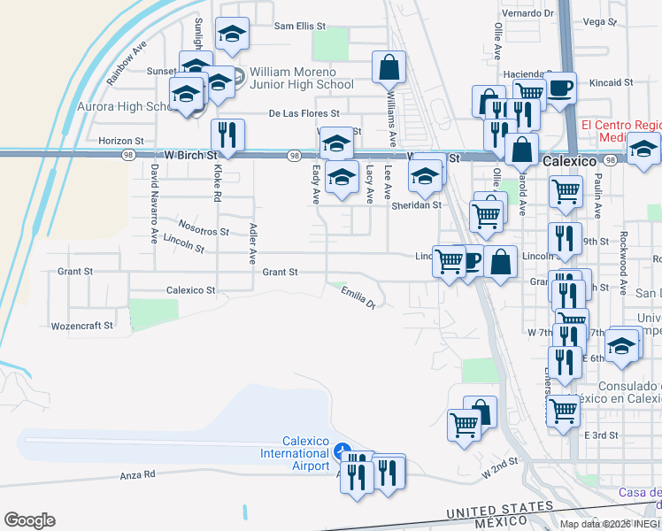map of restaurants, bars, coffee shops, grocery stores, and more near 653 Grant Street in Calexico