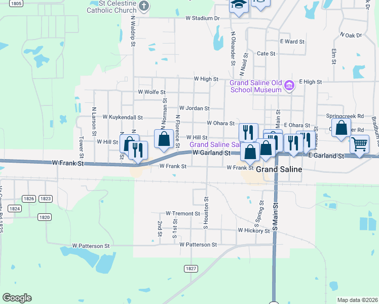 map of restaurants, bars, coffee shops, grocery stores, and more near 622 West Garland Street in Grand Saline