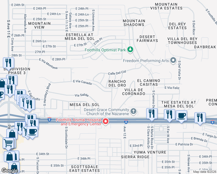 map of restaurants, bars, coffee shops, grocery stores, and more near 11795 Calle Gaudi in Yuma