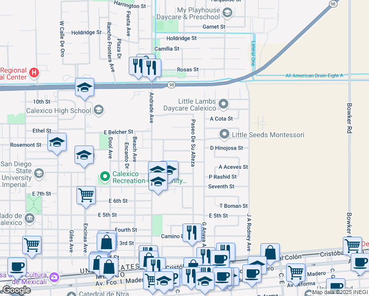 map of restaurants, bars, coffee shops, grocery stores, and more near 1196-1198 Paseo Los Reyes in Calexico