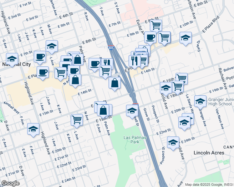 map of restaurants, bars, coffee shops, grocery stores, and more near 1841 East 16th Street in National City