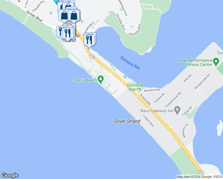 map of restaurants, bars, coffee shops, grocery stores, and more near 1830 Avenida Del Mundo in Coronado