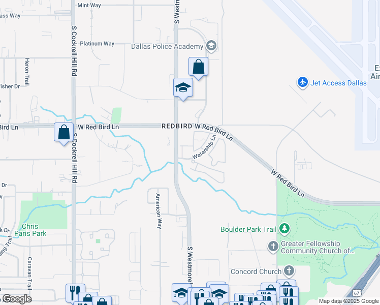 map of restaurants, bars, coffee shops, grocery stores, and more near 5959 Watership Lane in Dallas