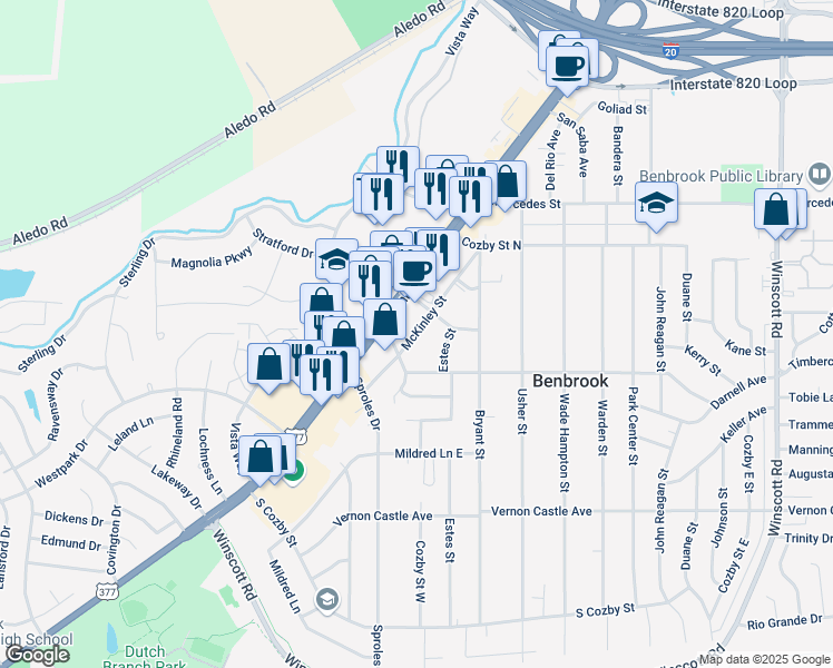 map of restaurants, bars, coffee shops, grocery stores, and more near 1040 McKinley Street in Benbrook