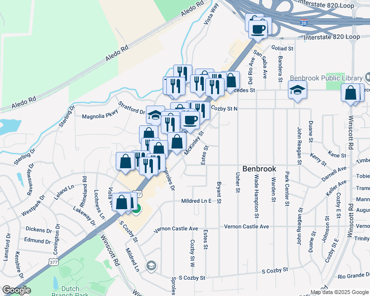 map of restaurants, bars, coffee shops, grocery stores, and more near 1040 McKinley Street in Benbrook