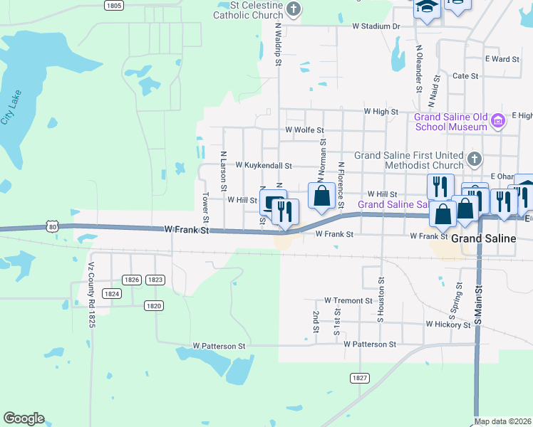 map of restaurants, bars, coffee shops, grocery stores, and more near 218 North Collier Street in Grand Saline