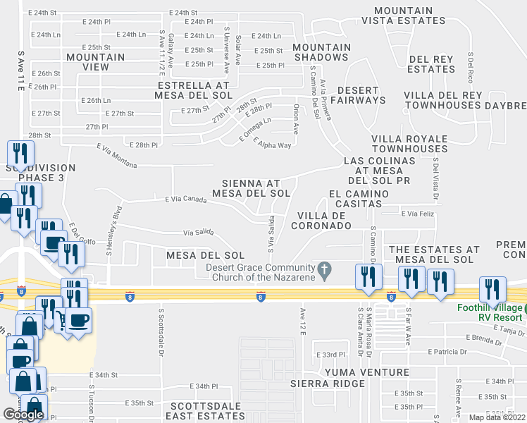 map of restaurants, bars, coffee shops, grocery stores, and more near 11776 Calle Gaudi in Yuma