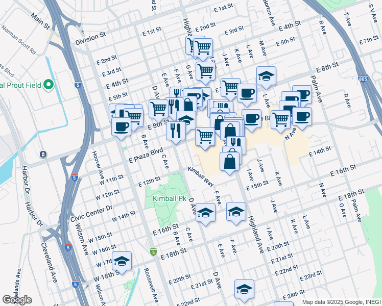 map of restaurants, bars, coffee shops, grocery stores, and more near 1047 E Avenue in National City
