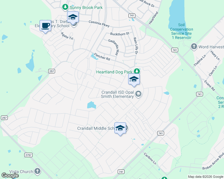 map of restaurants, bars, coffee shops, grocery stores, and more near 4475 Farm to Market Road 741 in Crandall