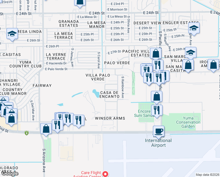 map of restaurants, bars, coffee shops, grocery stores, and more near 1431 East Pebble Beach Drive in Yuma
