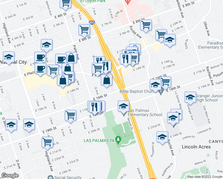 map of restaurants, bars, coffee shops, grocery stores, and more near 1849 East 16th Street in National City
