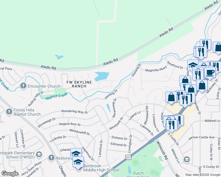 map of restaurants, bars, coffee shops, grocery stores, and more near 9625 Rio Frio Trail in Fort Worth
