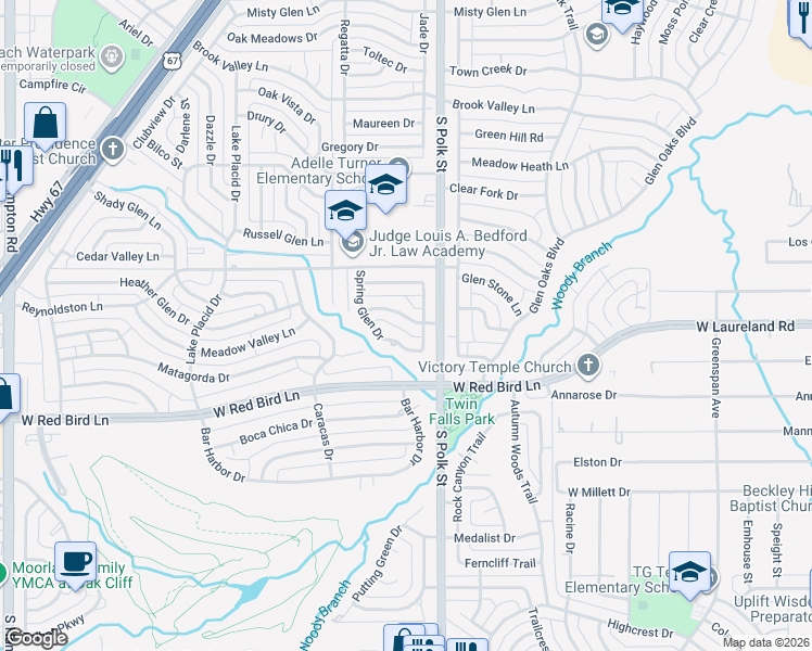 map of restaurants, bars, coffee shops, grocery stores, and more near 6010 Spring Glen Drive in Dallas