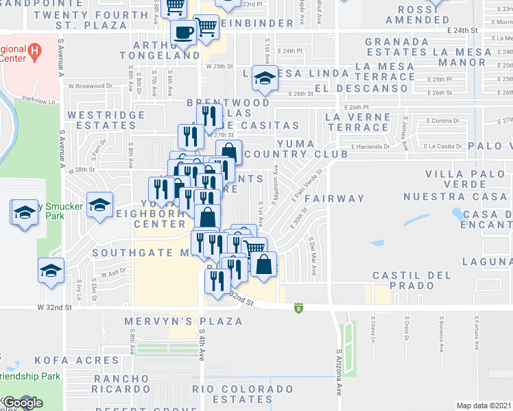 map of restaurants, bars, coffee shops, grocery stores, and more near 2880 South 1st Avenue in Yuma