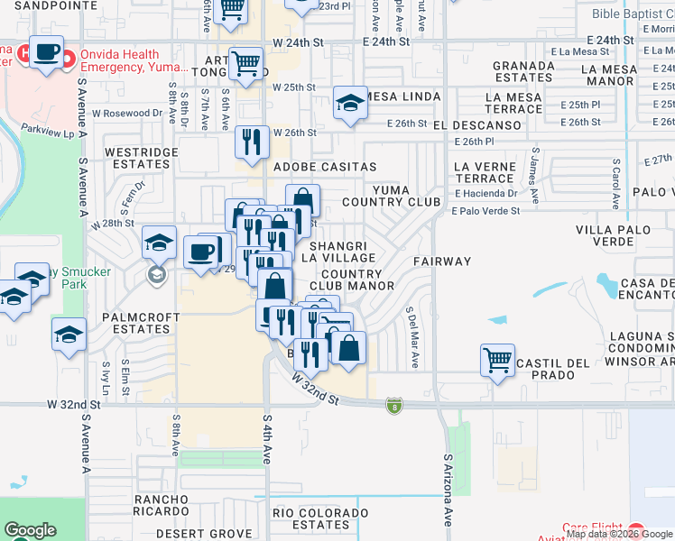 map of restaurants, bars, coffee shops, grocery stores, and more near 2896 South 1st Avenue in Yuma
