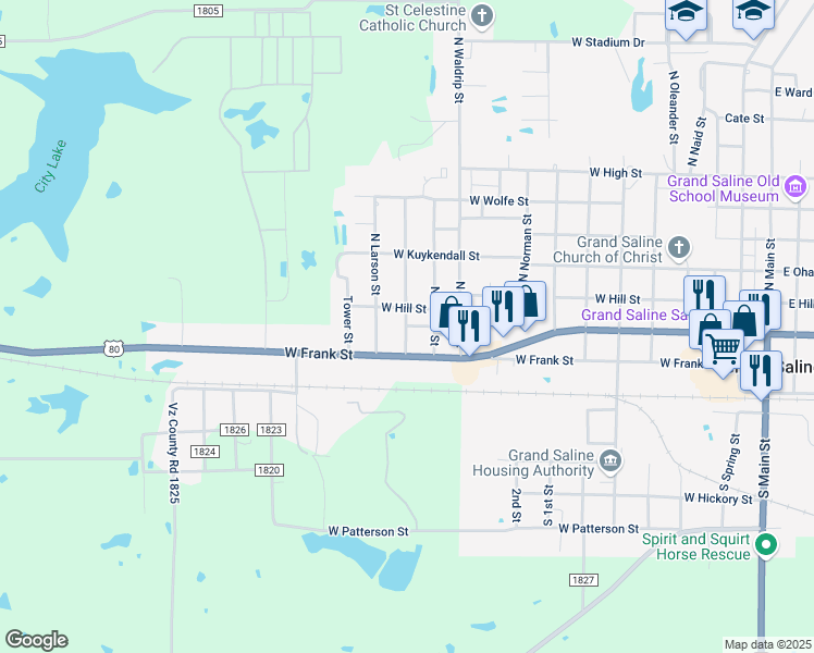 map of restaurants, bars, coffee shops, grocery stores, and more near 301 North Richardson Street in Grand Saline