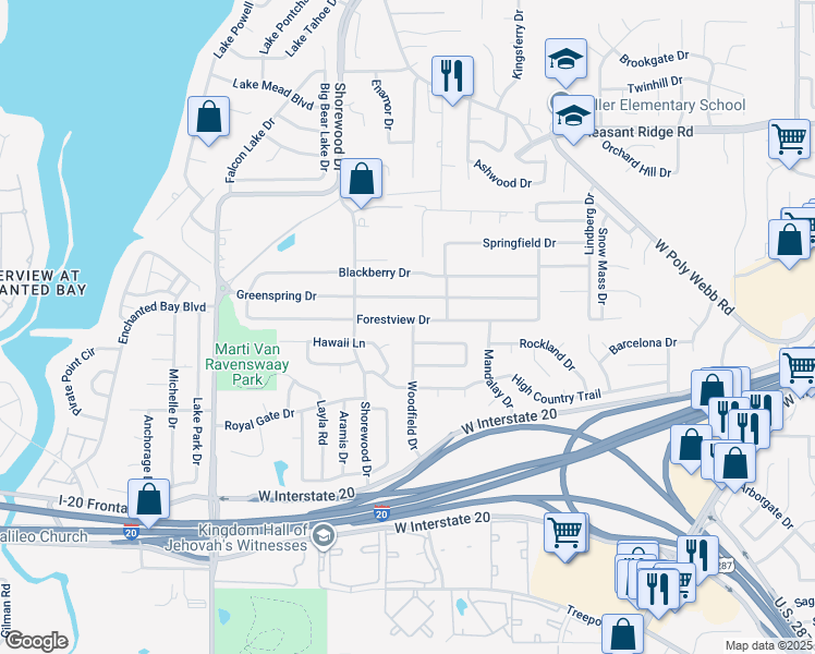 map of restaurants, bars, coffee shops, grocery stores, and more near 6707 Crestfield Drive in Arlington