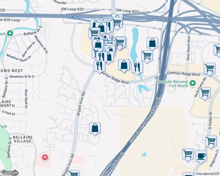 map of restaurants, bars, coffee shops, grocery stores, and more near 5701 Overton Ridge Boulevard in Fort Worth