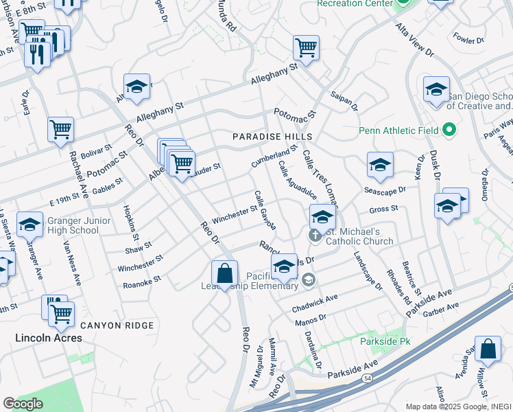 map of restaurants, bars, coffee shops, grocery stores, and more near 6045 Winchester Street in San Diego