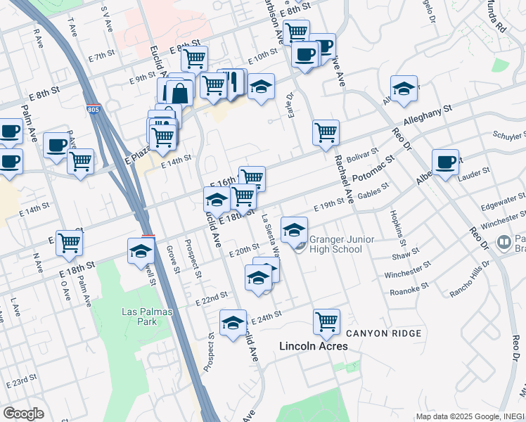 map of restaurants, bars, coffee shops, grocery stores, and more near 1815 South Lanoitan Avenue in National City