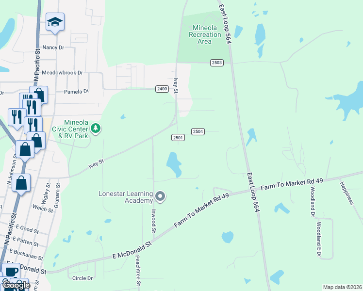 map of restaurants, bars, coffee shops, grocery stores, and more near 218 County Road 2501 in Mineola
