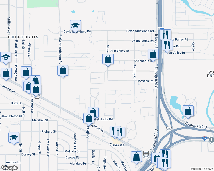 map of restaurants, bars, coffee shops, grocery stores, and more near 5007 Redwood Drive North in Fort Worth