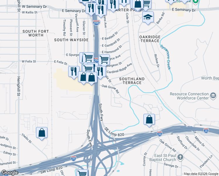 map of restaurants, bars, coffee shops, grocery stores, and more near 820 Oak Grove Road in Fort Worth