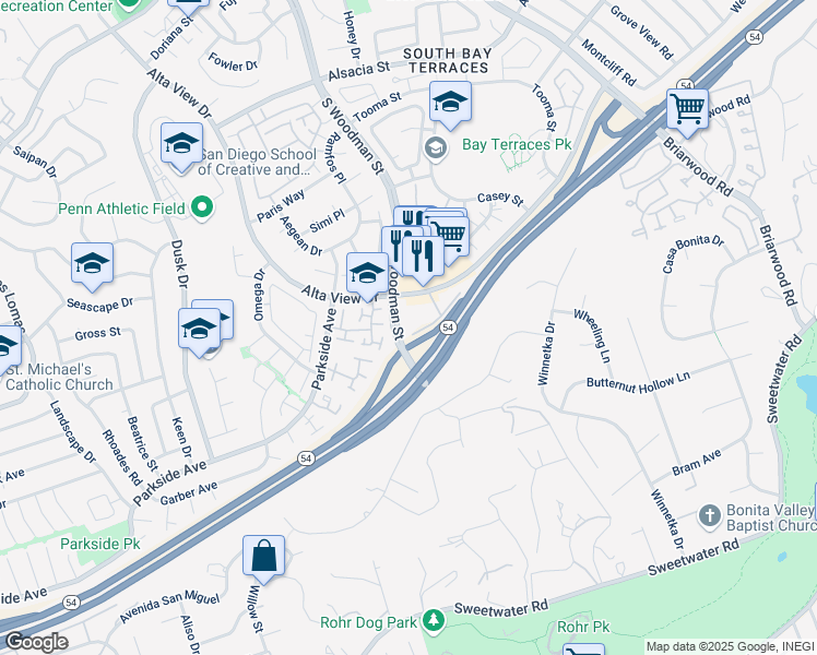 map of restaurants, bars, coffee shops, grocery stores, and more near 2960 Alta View Drive in San Diego