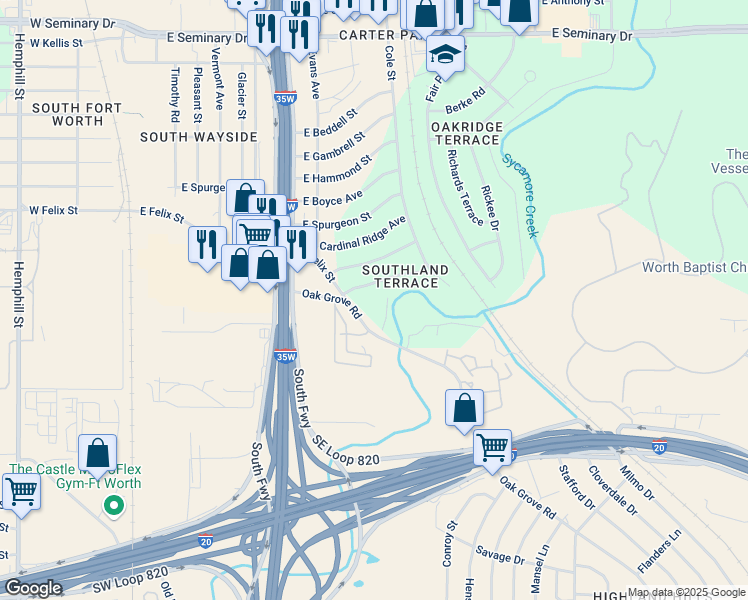 map of restaurants, bars, coffee shops, grocery stores, and more near 1001 Oak Grove Road in Fort Worth