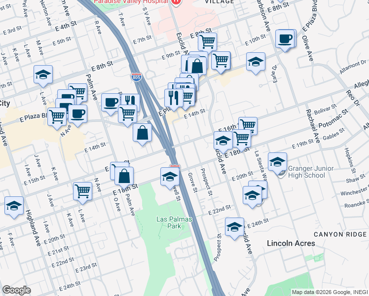 map of restaurants, bars, coffee shops, grocery stores, and more near 1619 Grove Street in National City