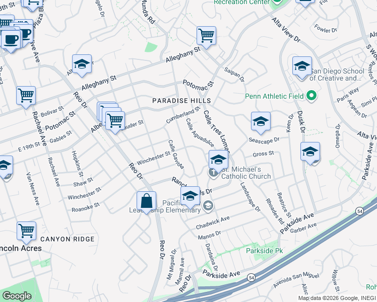 map of restaurants, bars, coffee shops, grocery stores, and more near 2528 Calle Serena in San Diego