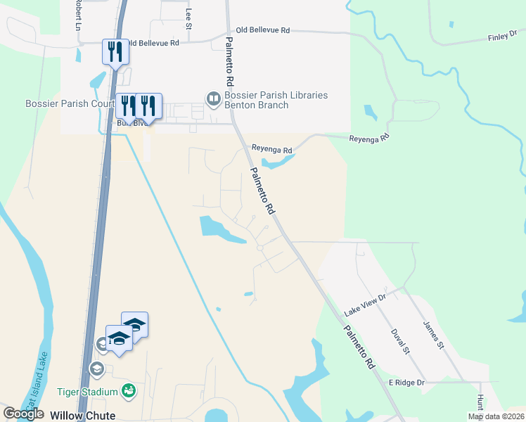 map of restaurants, bars, coffee shops, grocery stores, and more near 1666 Palmetto Road in Benton