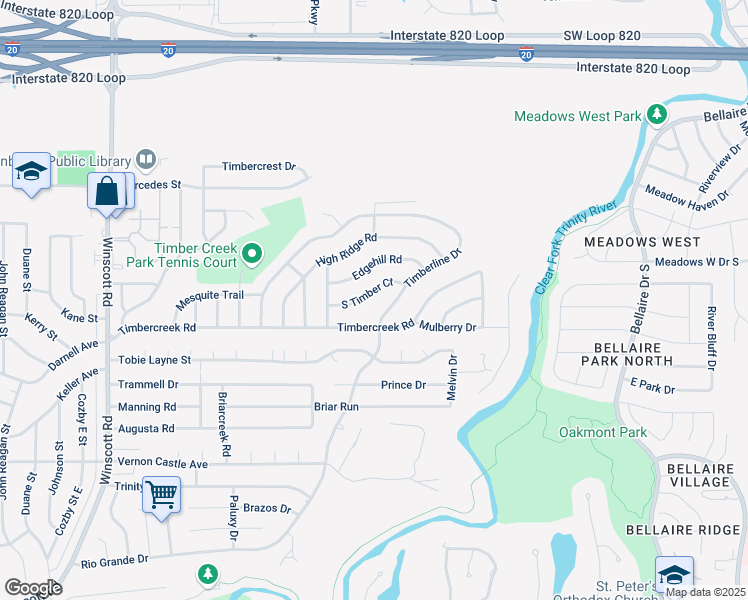 map of restaurants, bars, coffee shops, grocery stores, and more near 1624 South Timber Court in Fort Worth