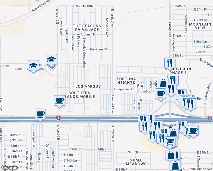 map of restaurants, bars, coffee shops, grocery stores, and more near 10666 South Emerald Avenue in Yuma