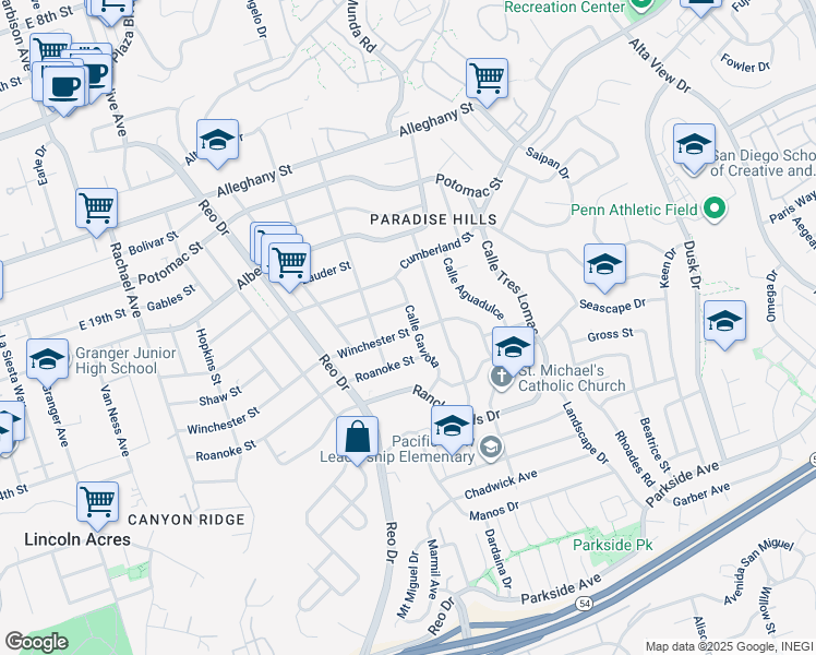 map of restaurants, bars, coffee shops, grocery stores, and more near 6045 Winchester Street in San Diego