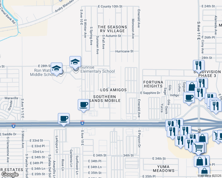 map of restaurants, bars, coffee shops, grocery stores, and more near 10303 East 29th Lane in Yuma